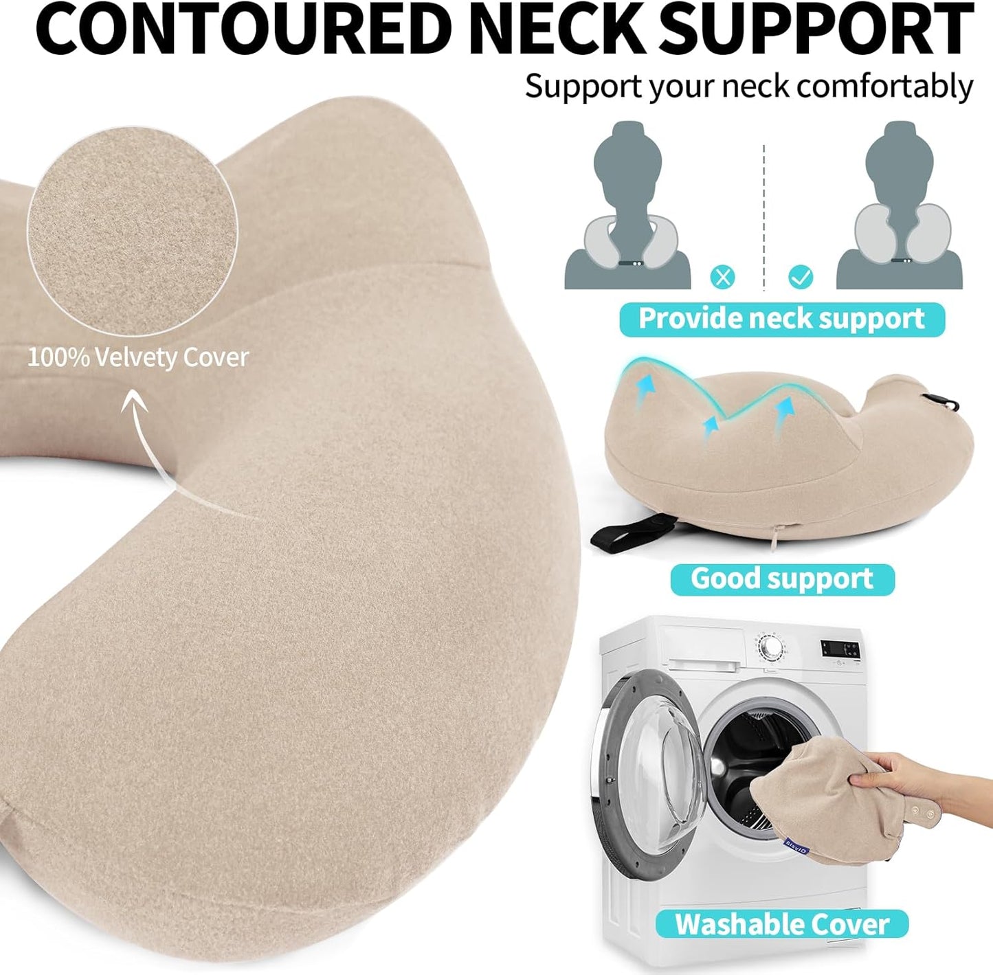 2 Pack Inflatable Travel Neck Pillows for Airplanes, Head Support Velvet Adult Neck Pillows for Long Flight, Kit with Eye Mask, Earplugs and Storage Bag, 2, Beige