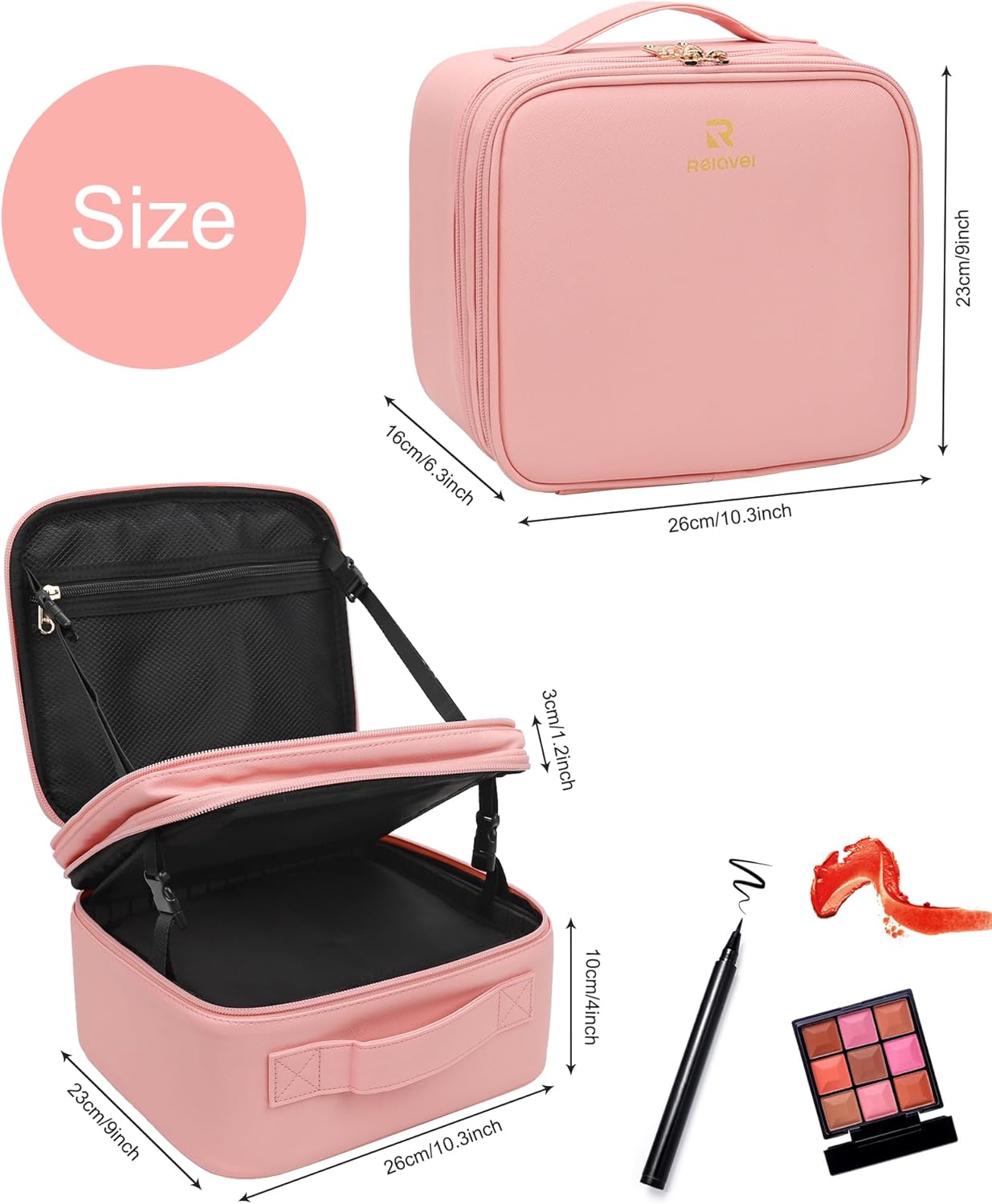 Relavel Makeup Bag with LED Mirror, Travel Makeup Case with Rechargeable Lighted Mirror 3 Color Lights, Dual Layer Cosmetic Box Makeup Brush Lipstick Holder Organizer for Women, Leather Pink