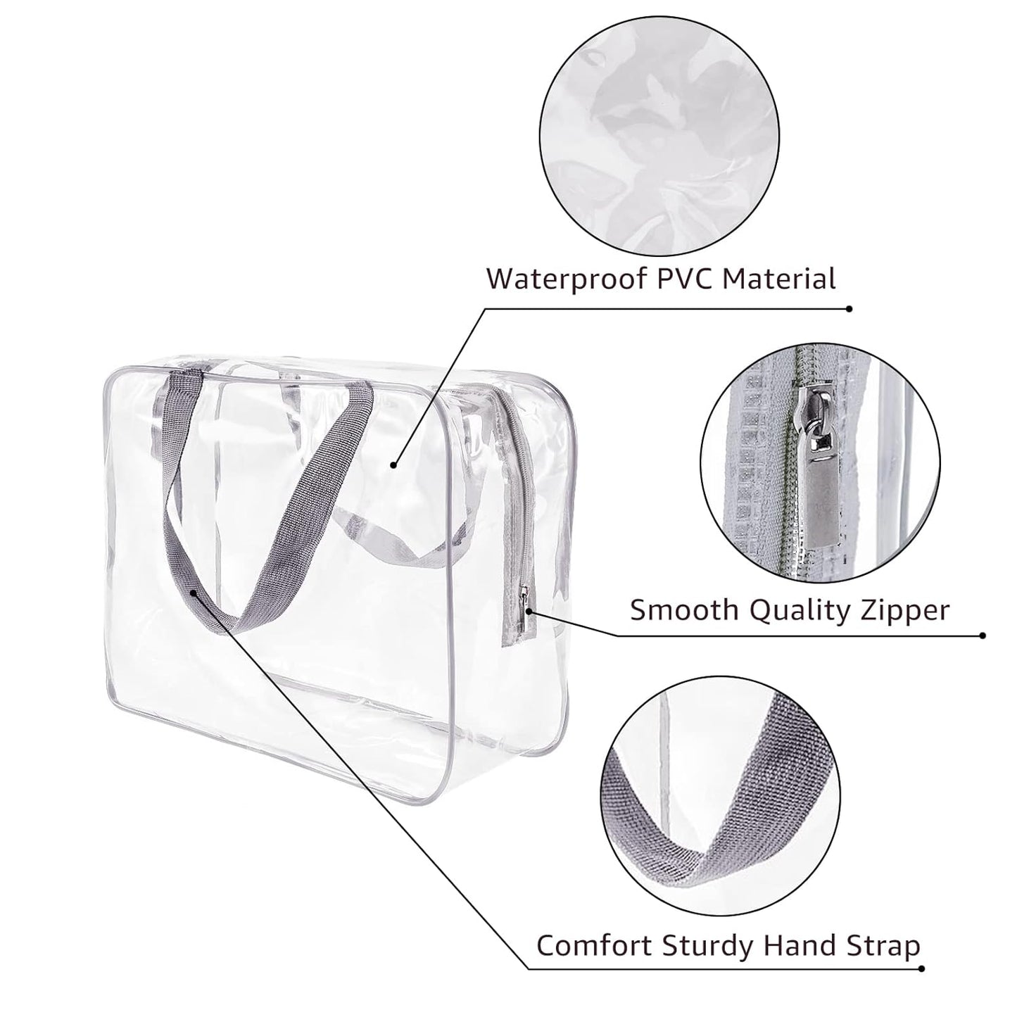 5Pcs Crystal Clear PVC Travel Toiletry Bag Kit for Women Men, Waterproof Vinyl Packing Organizer Storage Bags with Zipper Handle Straps, Cosmetic Pouch Carry on Airport Airline Compliant Bag Handbag
