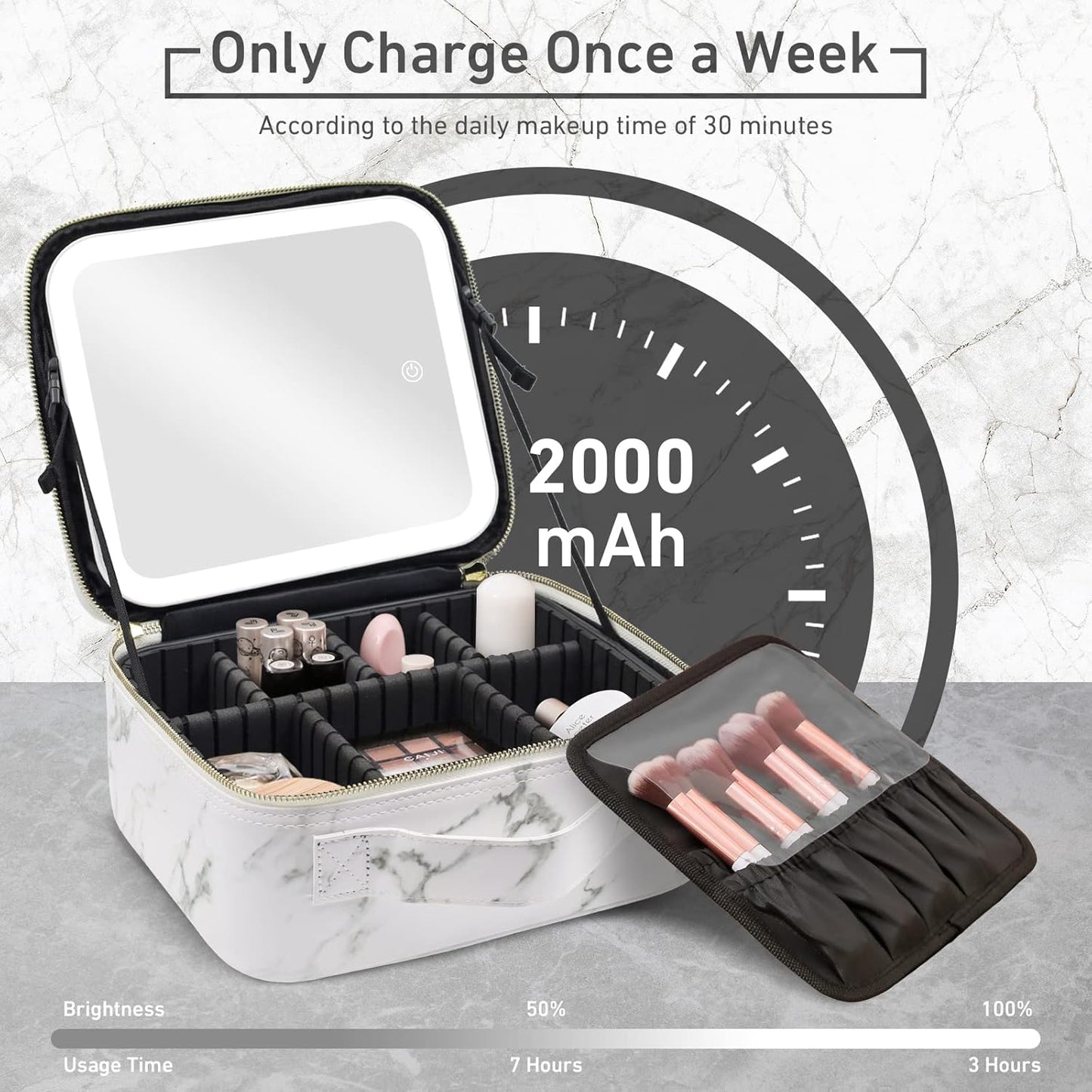 Makeup Bag with Mirror and Light, Makeup Case with Lighted Mirror, Travel Makeup Bag with Light up Mirror 3 Color Lights, Makeup Organizer Bag with Adjustable Dividers & Brush Holder(Marble)