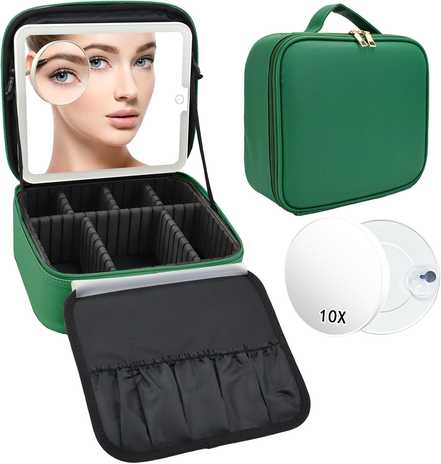 Travel Makeup Bag with LED Mirror and 10x magnifying glass with 3 Lighted Settings, Adjustable Dividers and Makeup Brush Storage Bag Dark Green