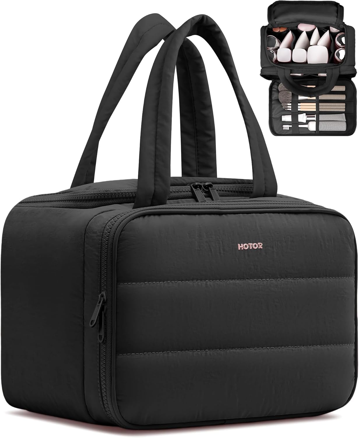 HOTOR Travel Toiletry Bag - Wide-Open Toiletry Bag for Women, Multi-Pocket Makeup Bag for Travel Essentials, Wet & Dry Separation Travel Accessories for Trip, Gym, 11.4" x 5.9" x 8.3", Black