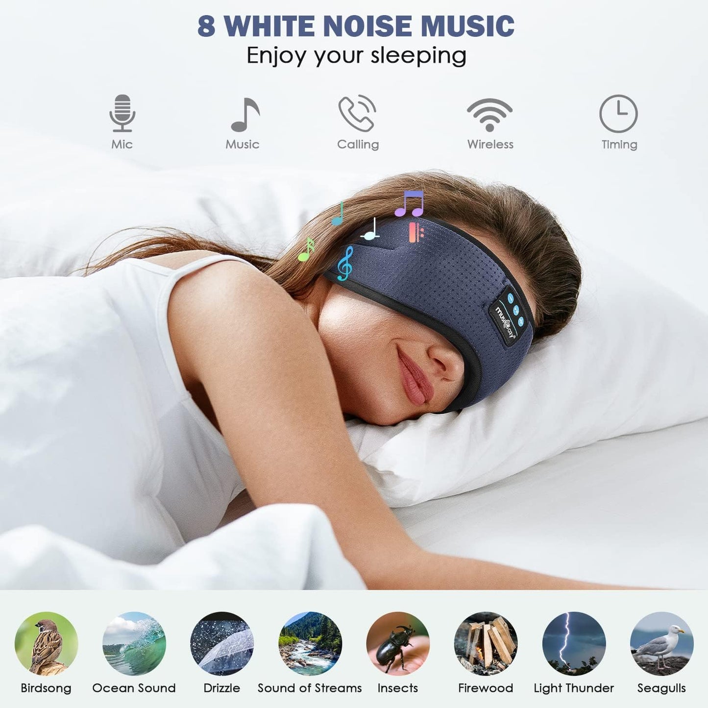 MUSICOZY White Noise Bluetooth Sleep Mask with 8 Soothing Sounds & 3D Wireless Sleep Headphones, Bluetooth Sleeping Headphones for Yoga Travel Office Relaxation, Tech Gadgets Gifts