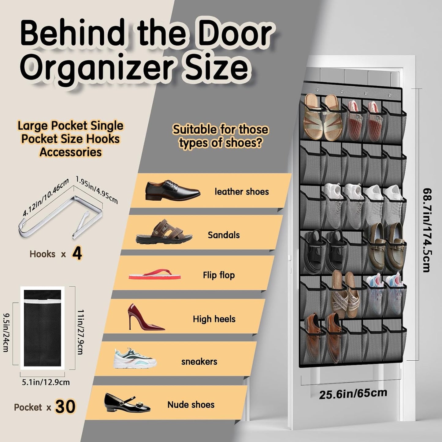 Over the Door Shoe Organizer with 30 Breathable Mesh Pockets - Large Capacity Closet Storage for Men & Women, Hanging Shoe Rack Organizer -Gray