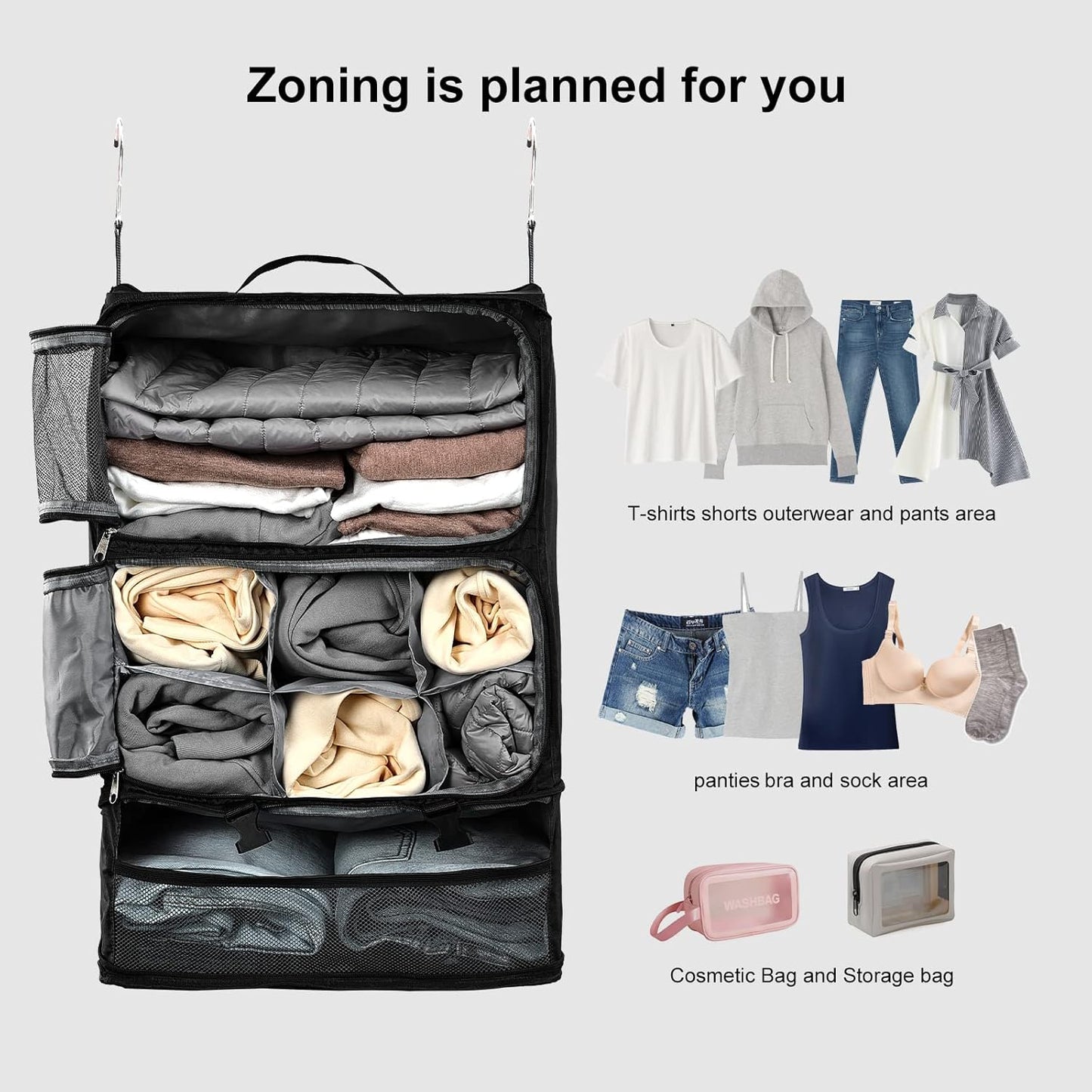 TABITORA Travel Portable Hanging Shelves Closet Organizer Packing Luggage Storage with Multifunctional and Foldable Invisible Compartment,Lightweight, for Suitcase, RV,Closet…Black,XL