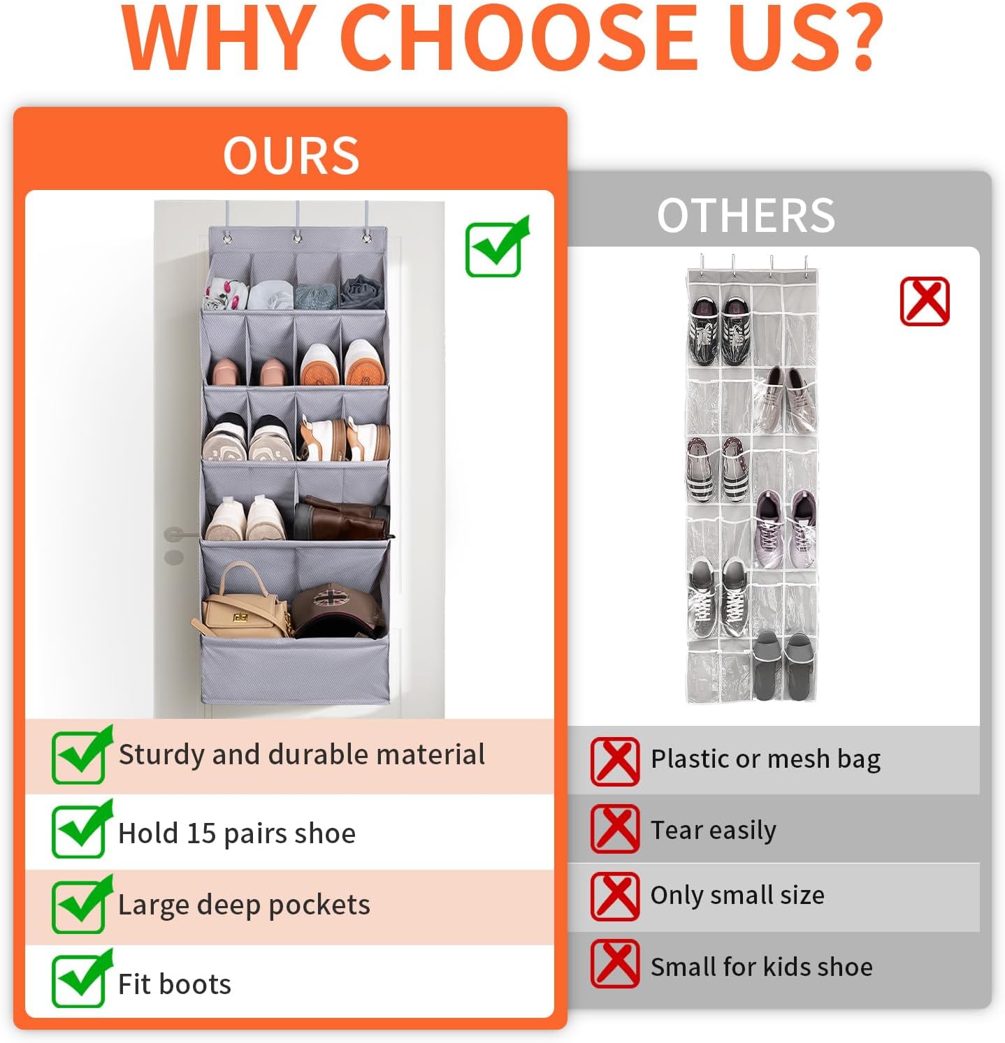 FENTEC 1 Pack Over-the-Door-Shoe-Organizers, Hanging Shoe Organizers with Large Pocket Shoe Holder Hanging Shoe Rack for Closet Shoe Organizer for Wall, Over Door Organizer with 15 Pockets Gray