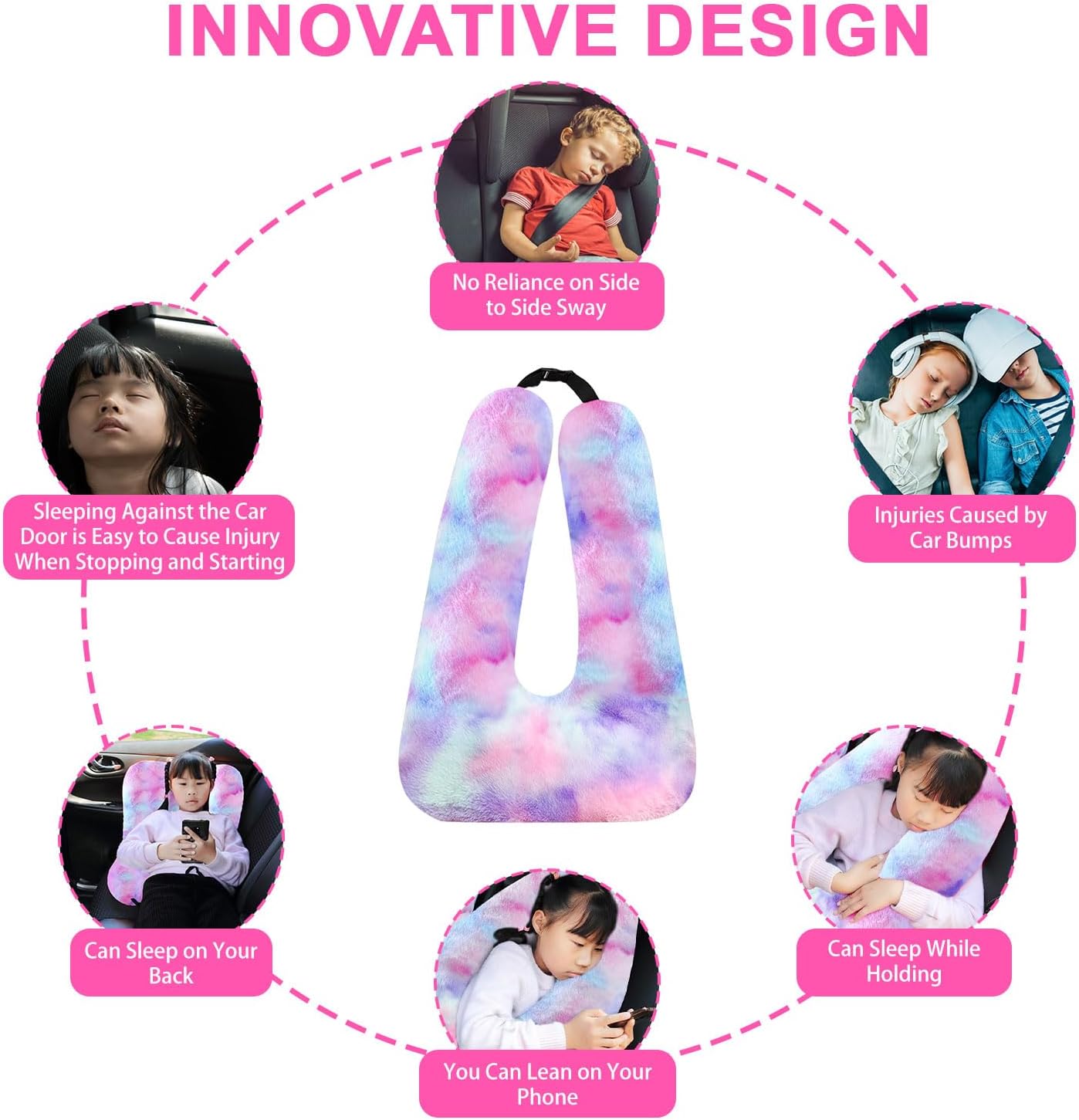 Travel Pillow, Travel Pillow for Kids, Sleeper Hold Pillow Travel, Removable U-Shaped Pillow for Adults and Children to Support Head and Body in The Back Seat of Long Car Trips (DCPurple)