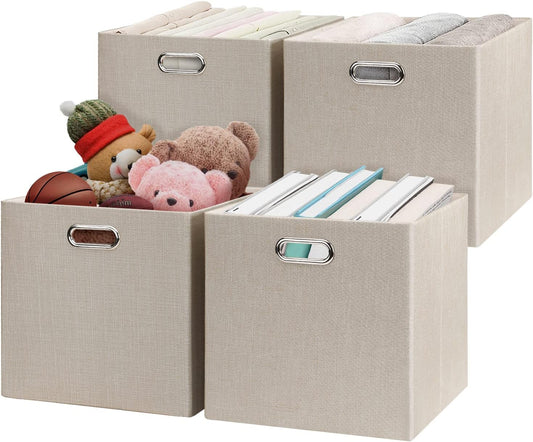 Posprica Collapsible Storage Cubes,11×11×11 Fabric Storage Bins Containers Drawers,4pcs, Beige