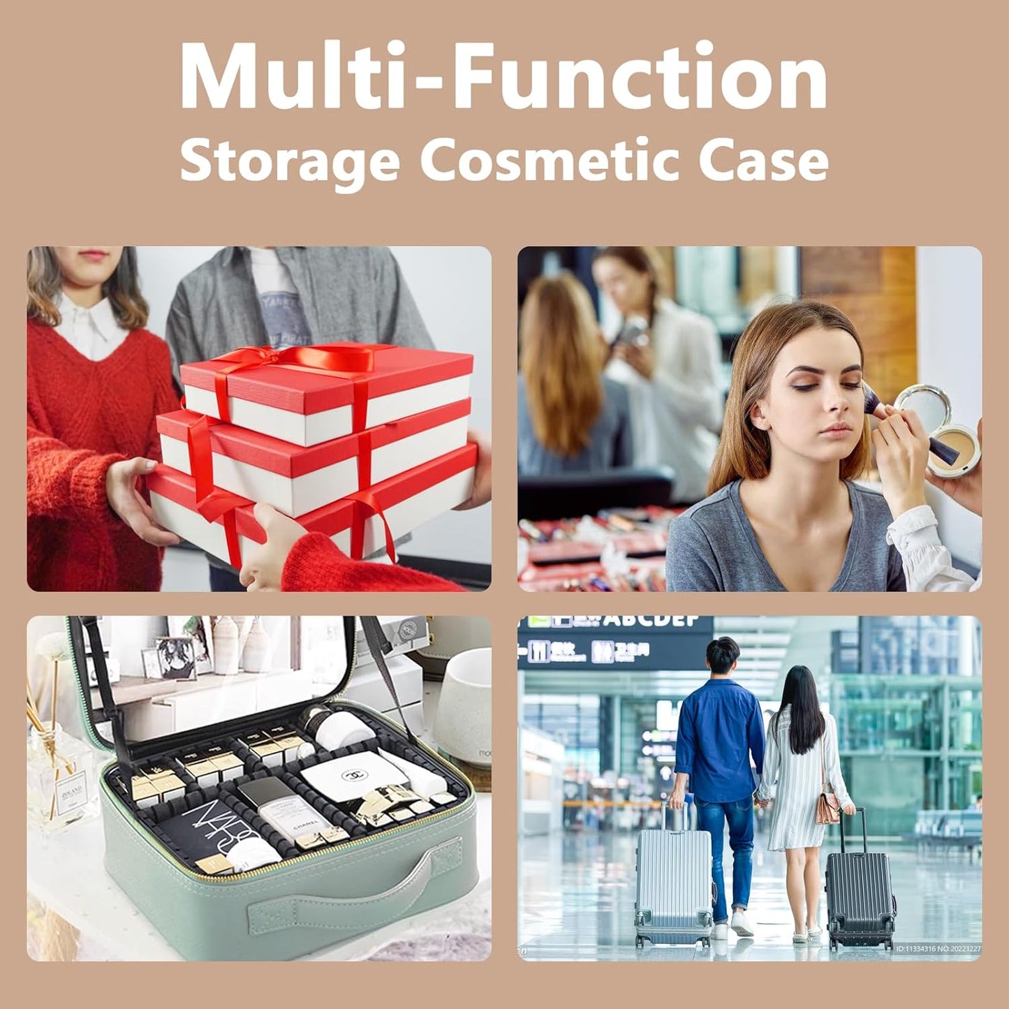 Travel Makeup Bag for Makeup Artists Large Makeup Case,with Mirror 3 Color Setting and Detachable 10x Magnifying Mirror Travel Makeup Bag,Portable Storage and Adjustable Dividers（khaki）