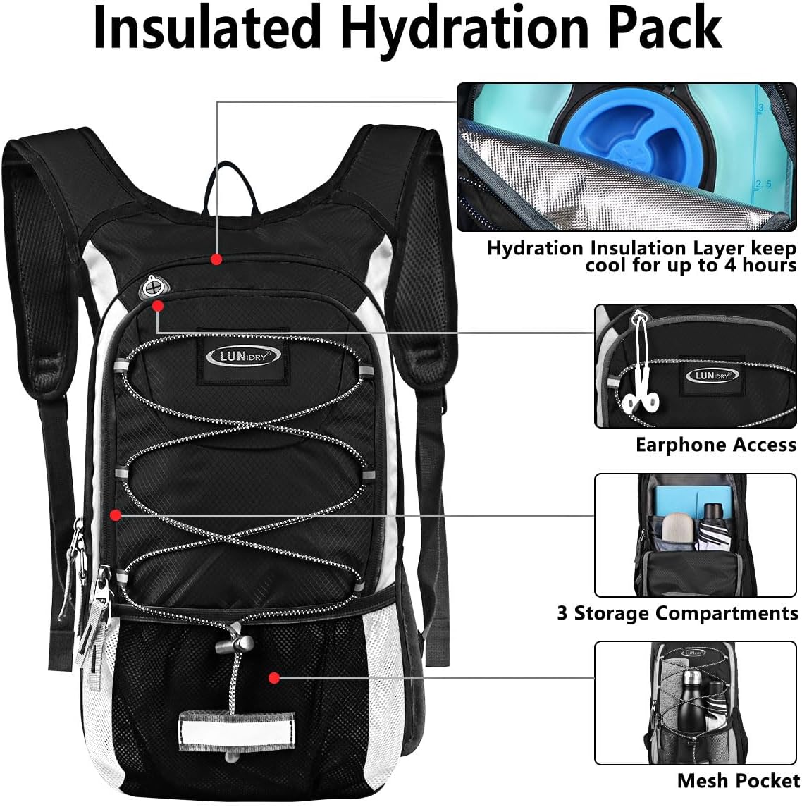 Insulated Hydration Pack Backpack with 3L BPA Free Leak-Proof Water Bladder, Keep Liquids Cool for Up to 5 Hours, Daypack for Hiking, Running, Cycling, Hunting, Climbing