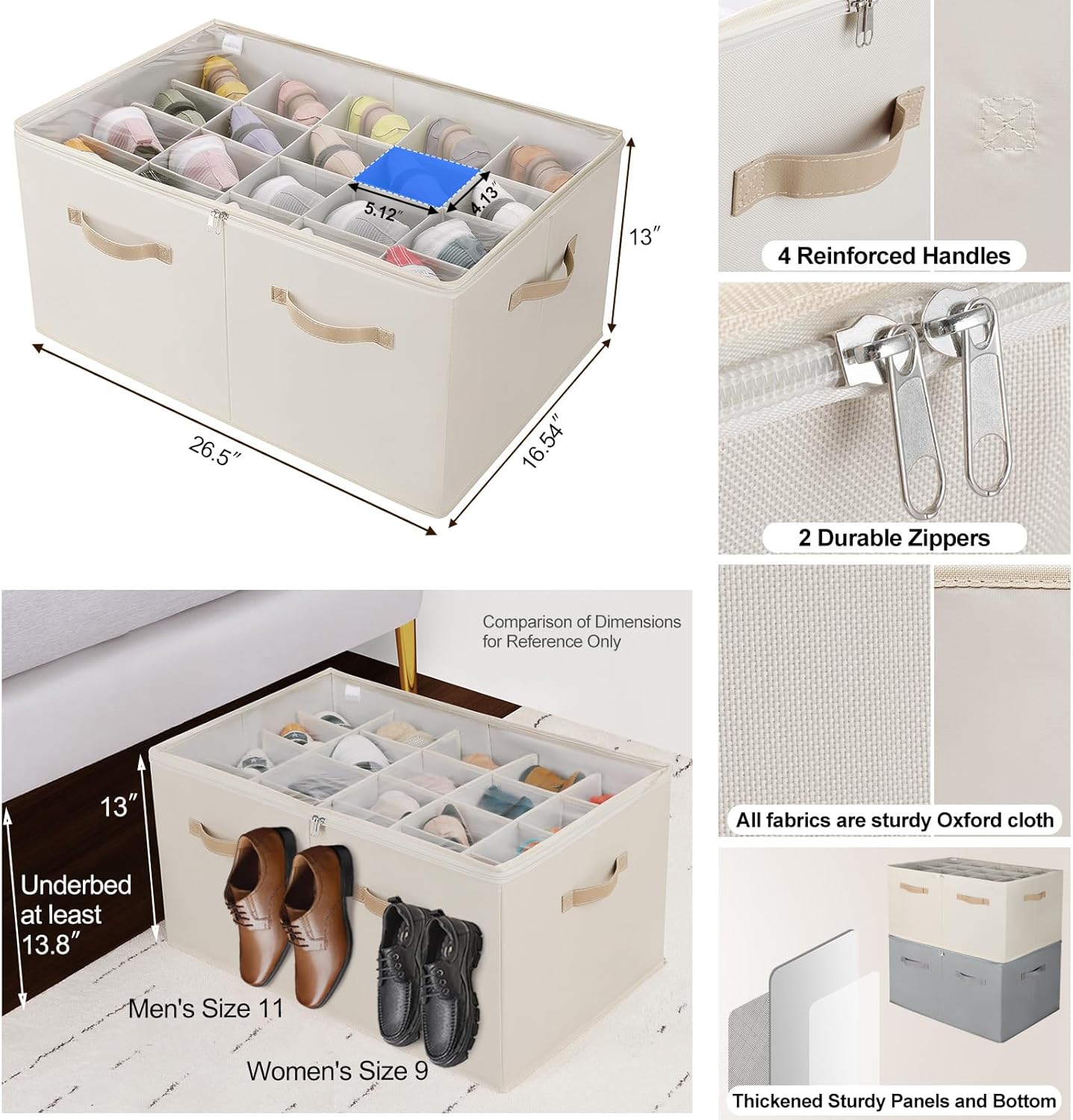 Shoe Organizer for Closet, Foldable Shoe Box with Adjustable Dividers and Clear Cover, Space Saving Shoe Storage Organizer Cabinet with Reinforced Handles, Fits 20 Pairs, Beige TP10Y