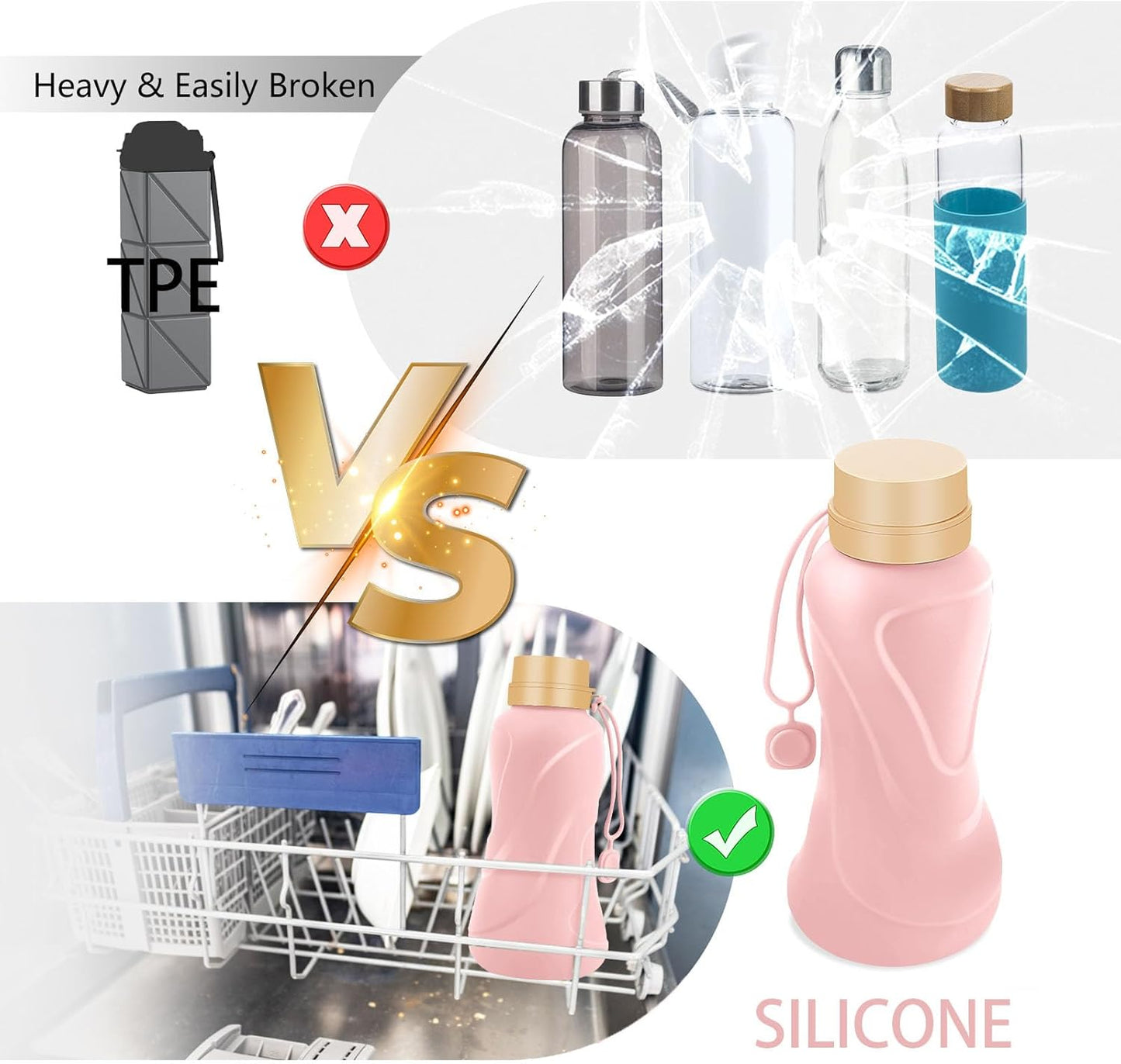 Collapsible Water Bottles,650ml,Leak Proof,Reuseable BPA Free Silicone Foldable Water Bottles,Durable Lightweight for Travel Gym Camping Hiking,Compact Size Portable Sports Water Bottle (Pink)