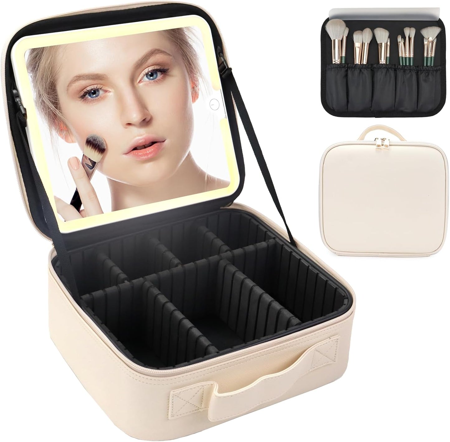 Travel Makeup Bag with LED Lighted Mirror, Travel Makeup Organizer,3 Color Setting Cosmetic Makeup Box, Adjustable Dividers and Brush Holder（white）