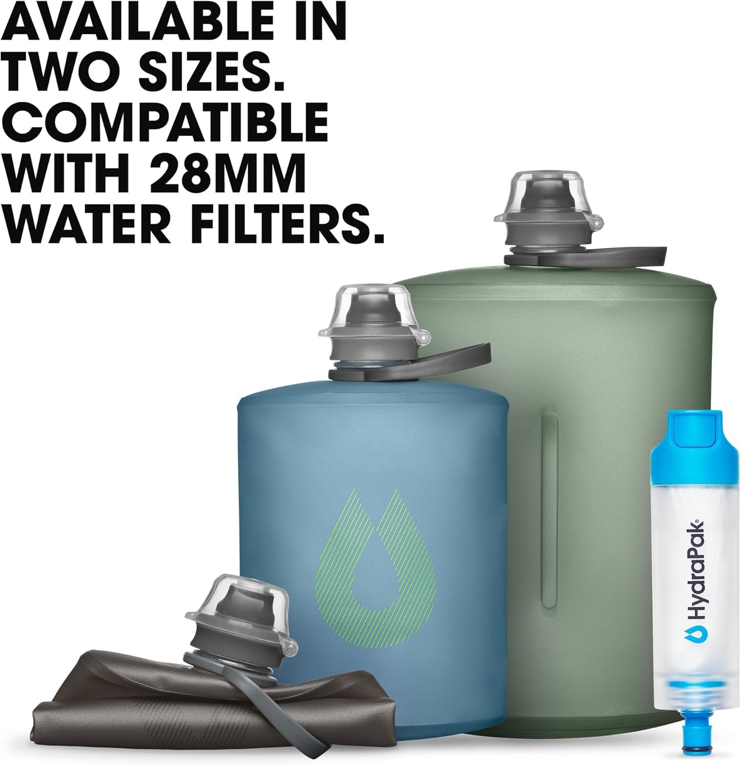 HydraPak Stow - Collapsible Backpacking Water Bottle (350ml, 500ml, 1L) - BPA Free, Ultra Light, Spill-Proof Twist Cap
