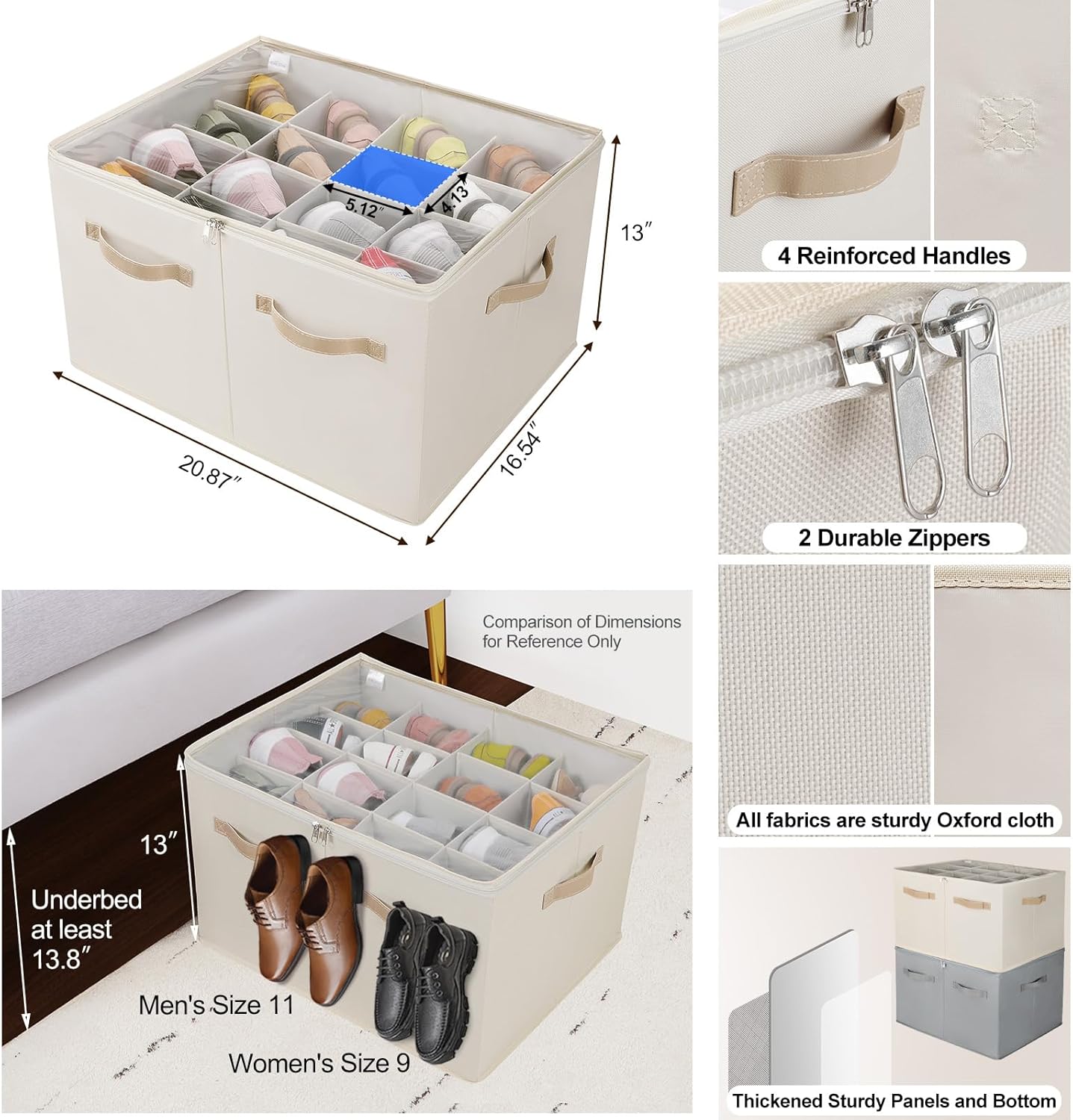 Shoe Organizer for Closet 2 Pack, Foldable Shoe Box with Adjustable Dividers and Clear Cover, Space Saving Shoe Storage Organizer Cabinet with Reinforced Handles, Fits 32 Pairs Beige TP12Y