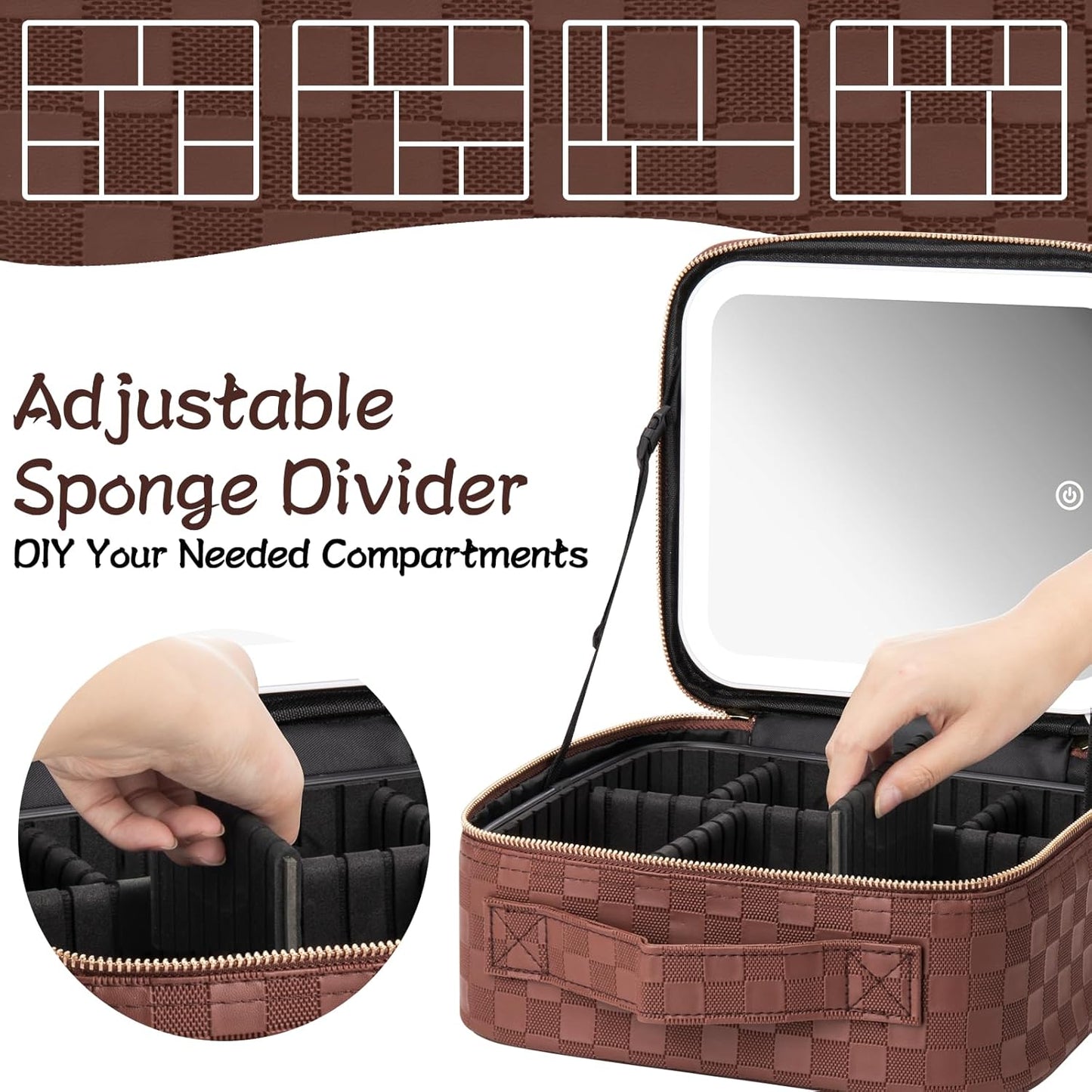 Makeup Travel Train Case with Mirror LED Light 3 Adjustable Brightness Large Cosmetic Bag Portable Storage Adjustable Partition Waterproof Makeup Brushes Make up Jewelry Gift for Women