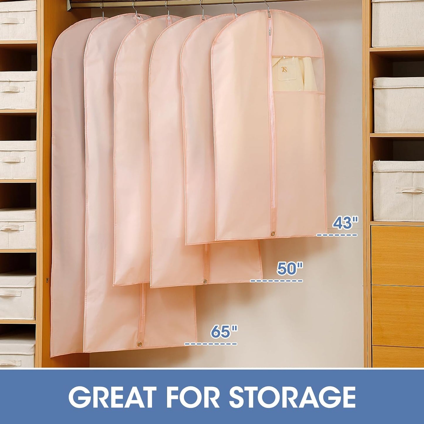 Dress Bags for Gowns, 65'' Pink Garment Bags for Hanging Clothes, Dress Garment Bag Women, Long Dress Cover with Clear Window for Dresses, Coats, Uniforms（2 Pack）