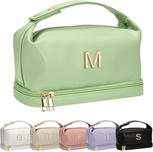 College Gifts for Women, Personalized Makeup Bag with Handle, Initial Double Layer Cosmetic Bag with Makeup Brush Organizer, Cute Cosmetic Pouch for Women, Gifts for Friends Female Mom