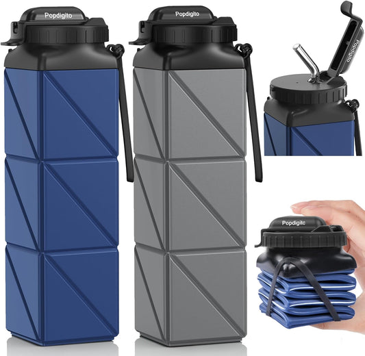 2pcs Collapsible Water Bottles 20.6oz Foldable Water Bottle BPA Free Reusable Lightweight LeakProof Travel Silicone Water Bottles for Travel Gym Hiking Camping Cycling Yoga Sports Outdoor