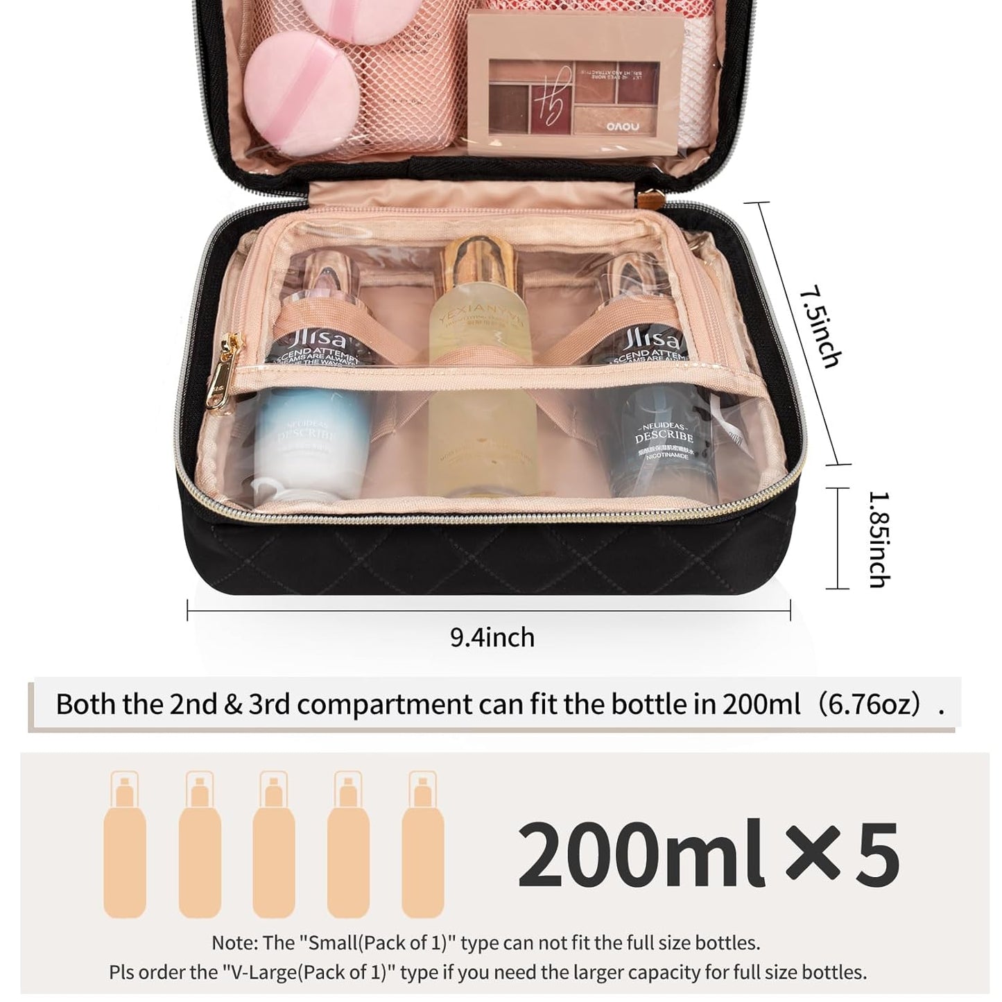 CUBETASTIC Hanging Travel Toiletry Bag, Portable Makeup Organizer for Women Men, 3 Compartment Cute Cosmetic Case Water-resistant Small Travel Bag for Toiletries, Black