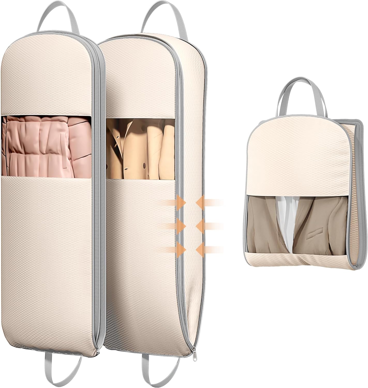 DIMJ 2 Pack 43" Garment Bags for Hanging Clothes - Space Saving Compression Suit Bag Travel with Handles Window, Washable Carry Clothing Storage Cover for Dress, Coats, Down Jacket, Shirts