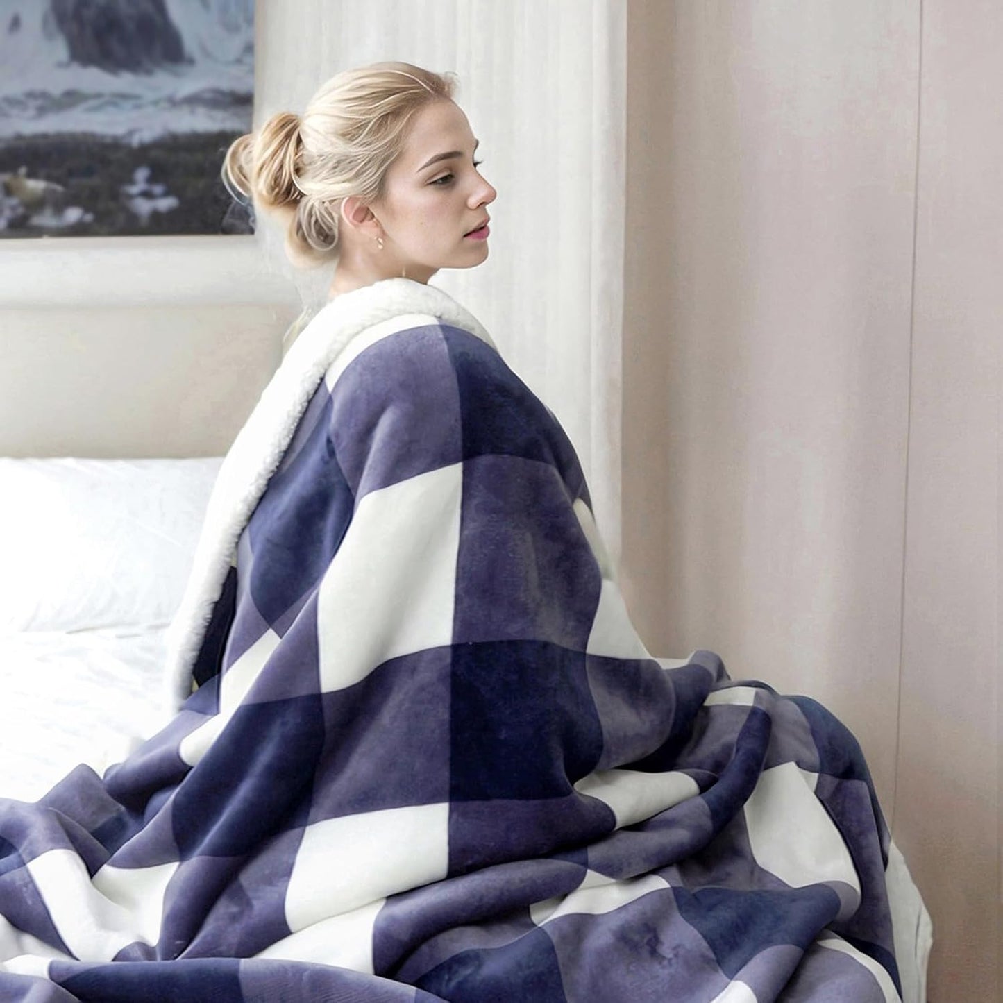 PU MEI Sherpa Blanket Fleece Throw Blanket Full Queen Plaid Thick Bed Blanket, Soft Warm Cozy Blue Checkered Throw Blanket 80"*90"