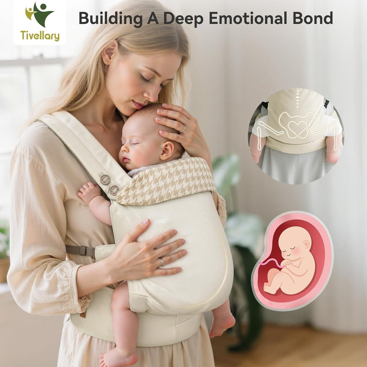 Reversible Baby Carrier, Khaki Solid & Houndstooth; Lightweight & Breathable Lyocell Fabric; Ergonomic Lumbar Support and Quick Hands-Free Wear for Newborn to Toddler (7–44 lbs)