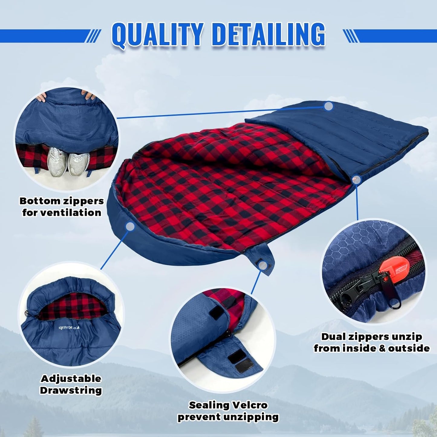 0 Degree Sleeping Bag Cotton Flannel Winter Cold Weather for Adults XXL Sleeping Bag 4 Season Big and Tall with Pillow Compression Sack