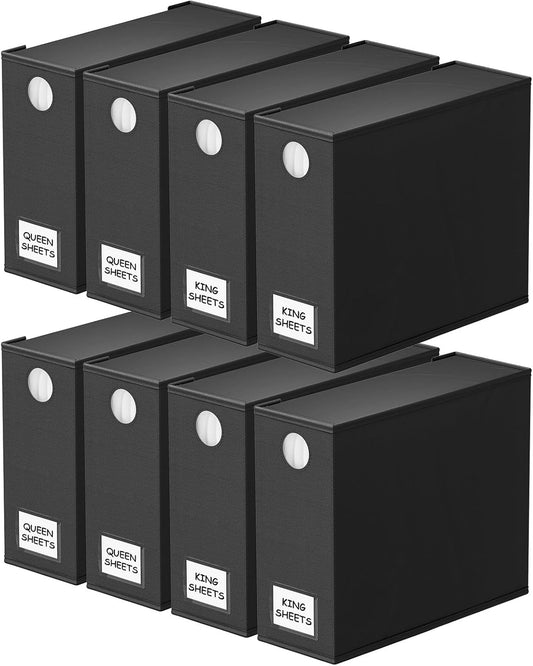 SpaceAid 8 Pack Bed Sheet Organizers and Storage, Foldable Sheet Organizer for Linen Closet, Sheets Set Folder Keeper with Window XL (Queen & King Size) Bedding Container (Black, 8 Pack)