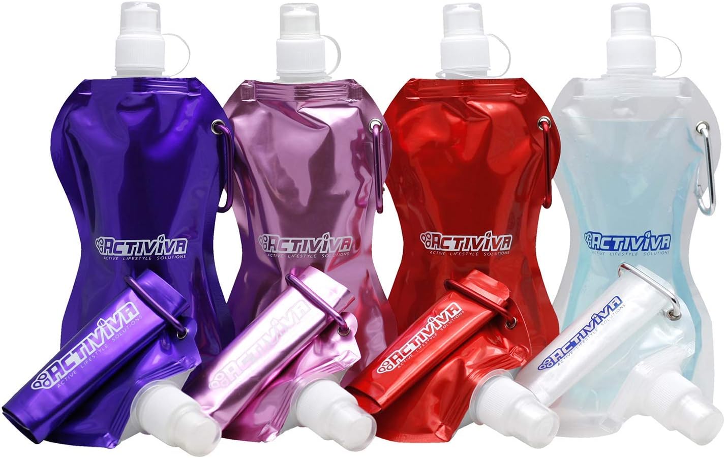 USA Merchant | Collapsible Reusable Water Bottle with Carabiner Clip Light Weight Leak Proof Foldable Drinking Water Bottle Non Toxic BPA Free - 16.9 oz 4 Pack (Pink, Purple, Red, Clear)