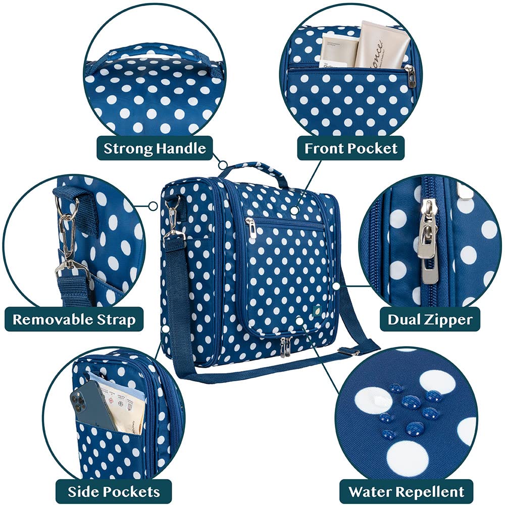 PAVILIA Extra Large Toiletry Bag Travel Bag for Women Men, Hanging Cosmetic Organizer, Water Resistant Makeup Bag for Accessories Toiletries, Travel Essentials Kit (Navy Polka Dot)