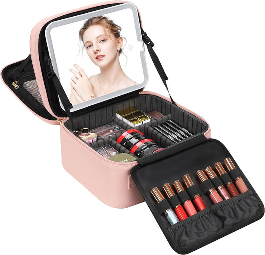 Travel Makeup Bag with LED Mirror Double Layer Makeup Case with Lighted Mirror Dual Layer Cosmetic Train Case Portable Artist Organizer Bag with Dividers and Rechargeable Vanity (Pink, Small)