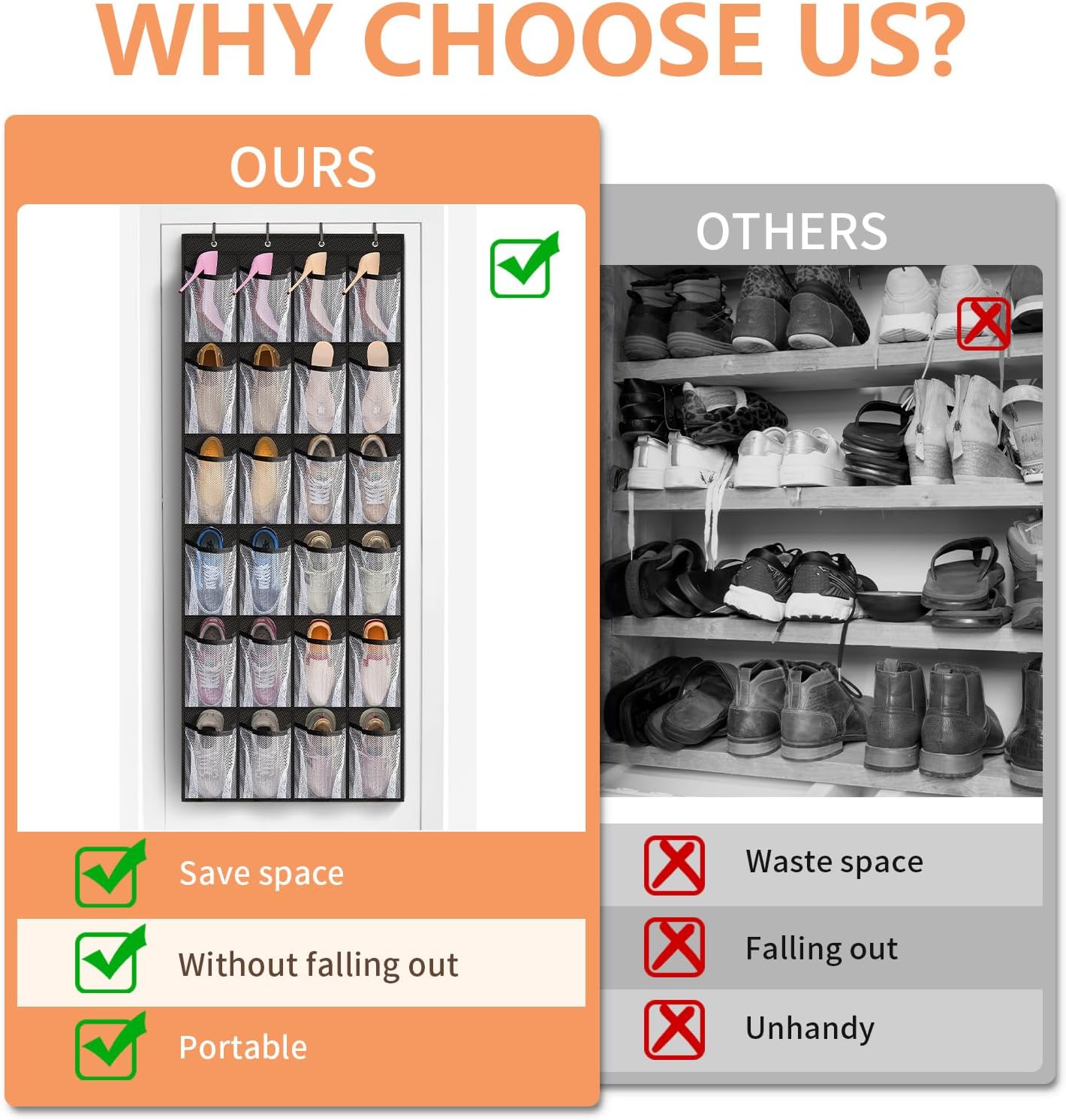 FENTEC 24 Pocket Over Door Shoe Organizer, Mesh Closet Shoe Holder, Black