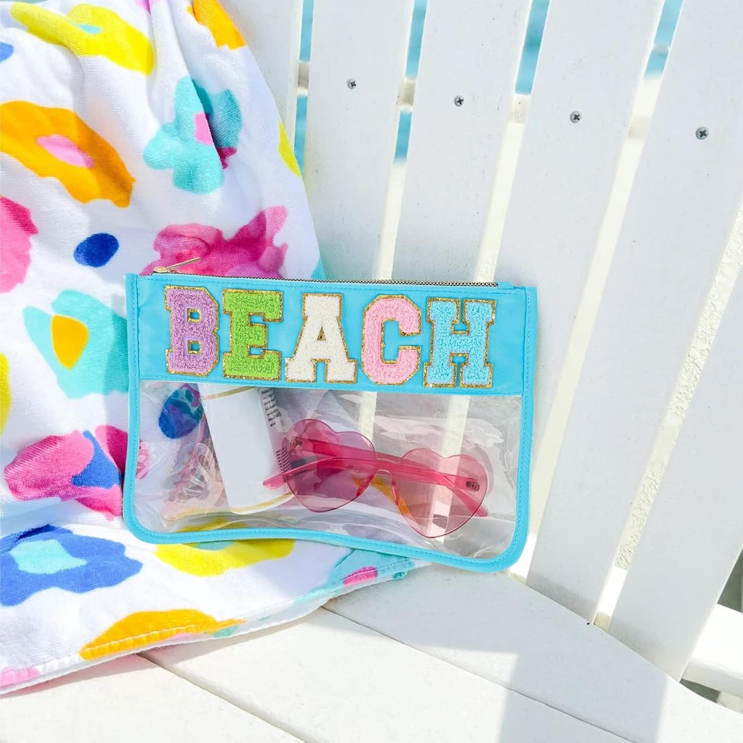 DYSHAYEN Chenille Letter Clear Zipper Pouch for Travel,Nylon Clear Cosmetic Bag,Makeup Travel Bag for Women Girls 11.8 Inches x 8.2 Inches