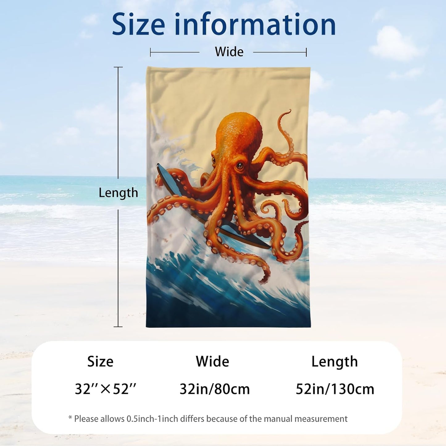 WZOMT Microfiber Octopus Beach Towel, Funny Octopus Surfing Ocean Animal Print Bath Towel for Kids Adults, Orange Blue Quick Dry Sandproof Towels for Swim/Travel/Pool, Oversized 32x52 Inch