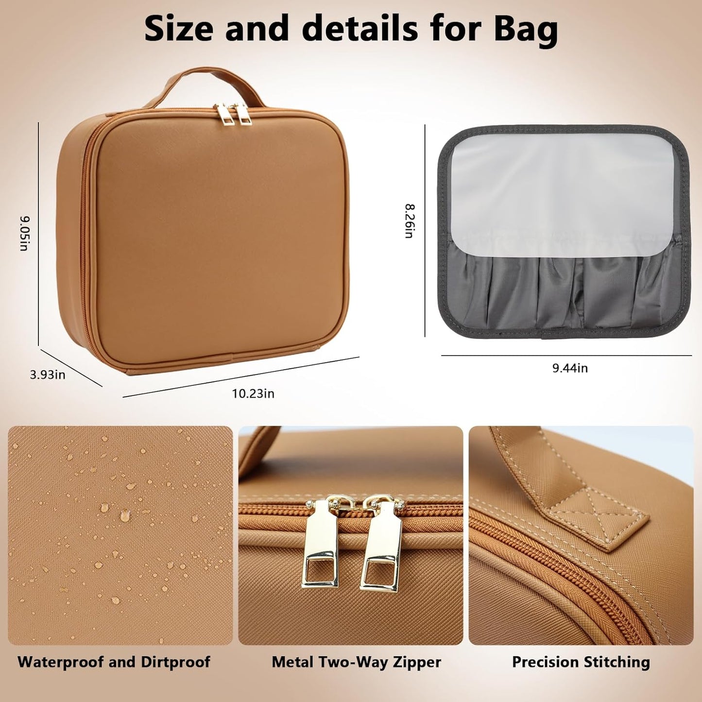 Travel Makeup Bag with LED Mirror Travel Makeup Organizer with 3 Lighted Settings, Adjustable Dividers and Makeup Brush Storage Bag Brown