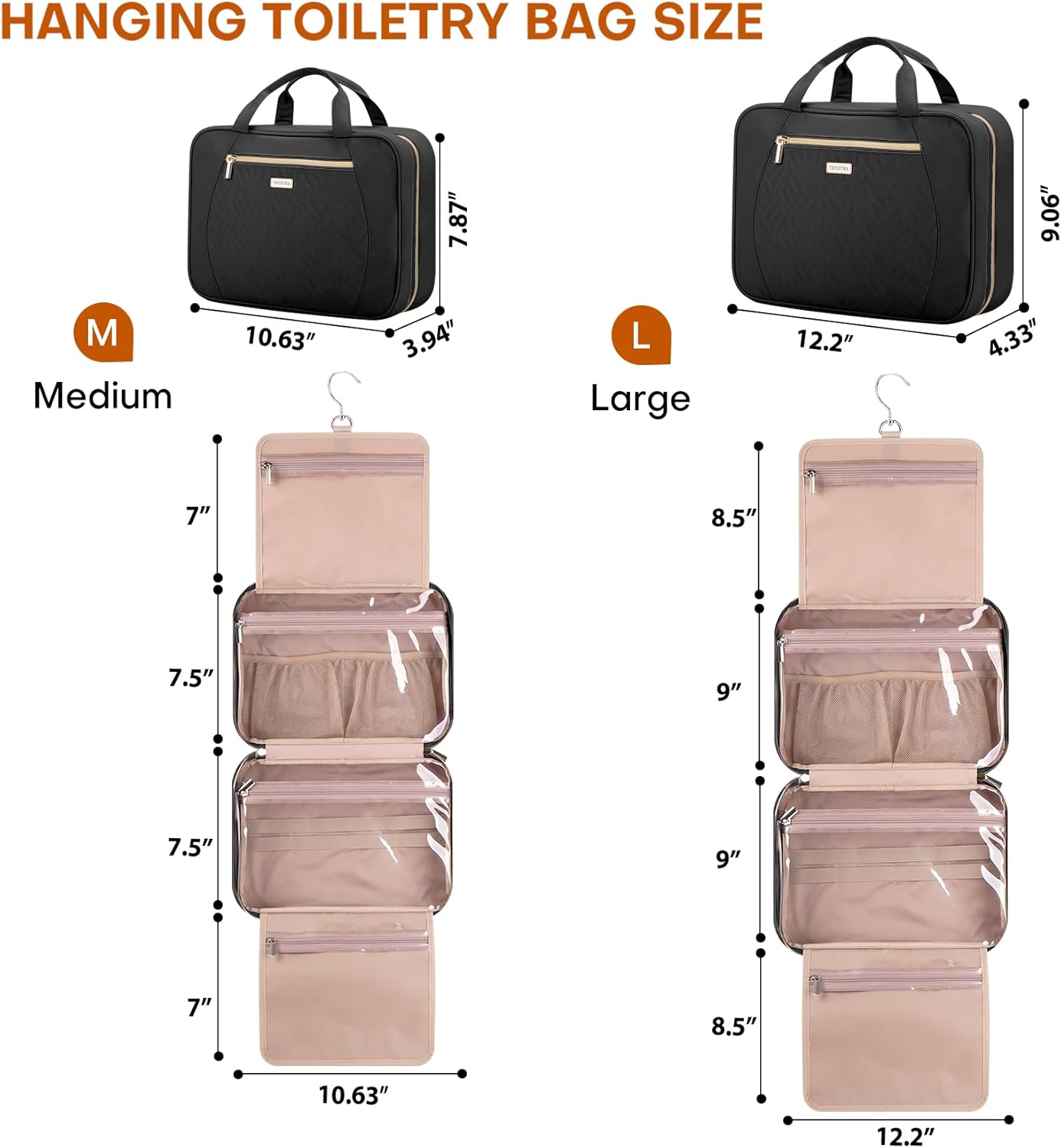 Hanging Toiletry Bag for Women Travel, 2 Sizes Large & Small Waterproof Cosmetic Organizer with 4 Compartments, Rotating Hook, Foldable Pink Travel Bag for Toiletries & Makeup - Large Black
