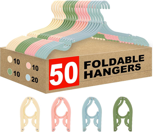 Foldable Travel Hangers,50Pcs Portable Clothes Hangers for Cruise, Suitcases, Closets | Lightweight Plastic Hanger Set for Hotels, Business Trips, Vacation (Pink/Beige/Green/Blue)