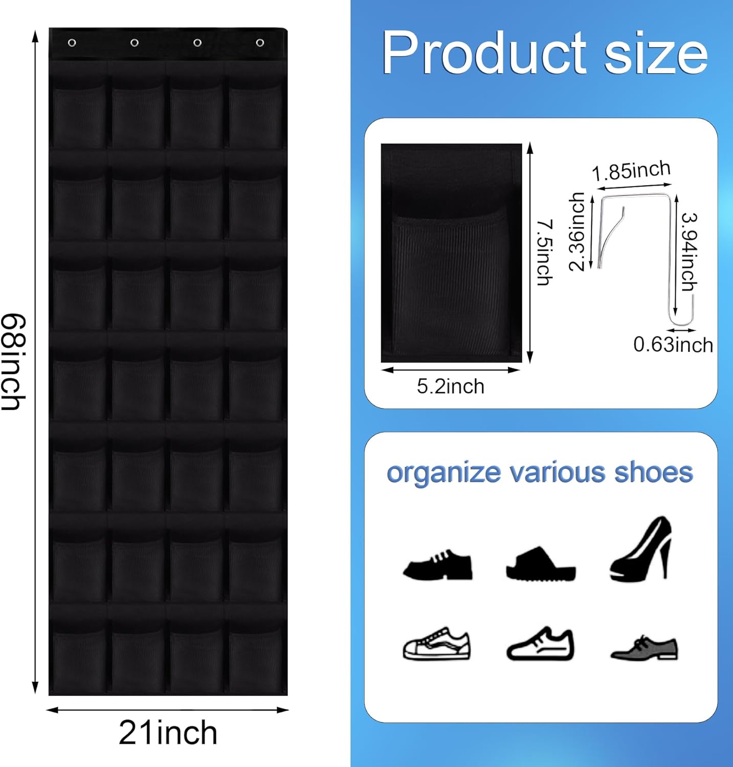 28 Mesh Pockets Hanging Shoe Organizer, Over the Door Shoe Organizer，Closet Storage Holder for Back of Door Storage Holder for Back of Door(Black)