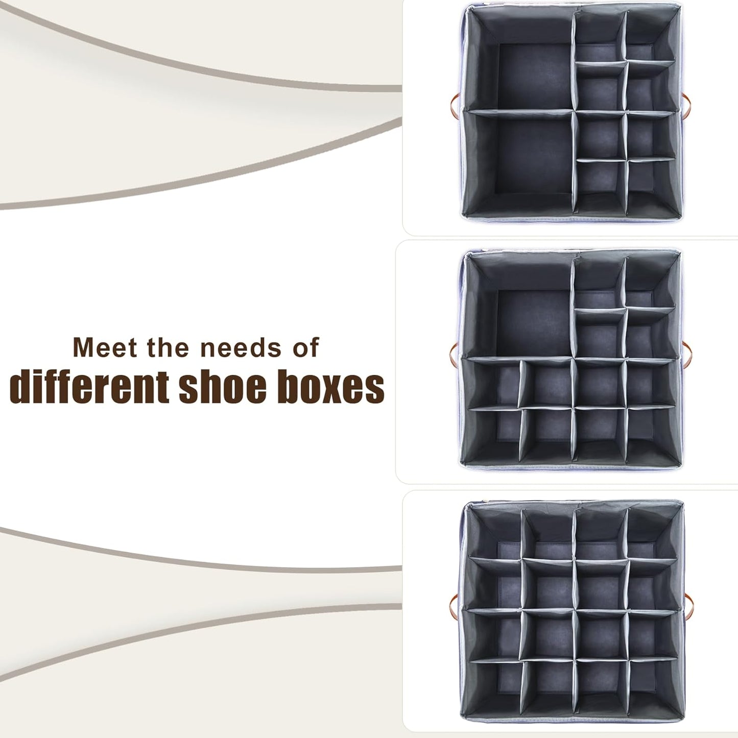 Shoe Organizer for Closet, Fits up to 16 Pairs Shoe Storage, Clear Foldable Shoe Containers Boxes Bins Baskets with Adjustable Dividers and Clear Cover Grey