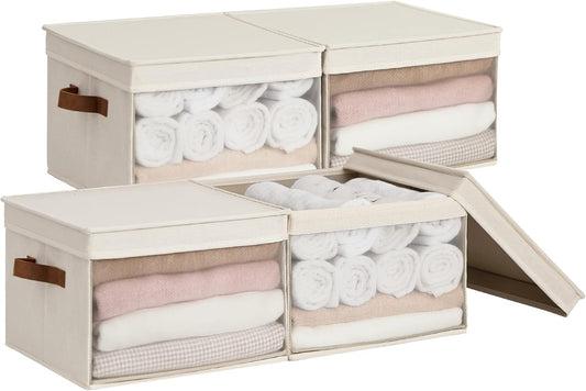 StorageWorks Storage Bins with Lid and Clear Window, Fabric Storage Boxes with Lids, Stackable Basket for Shelves, Closet Organizer and Storage Bins, Beige, Large, 4-Pack