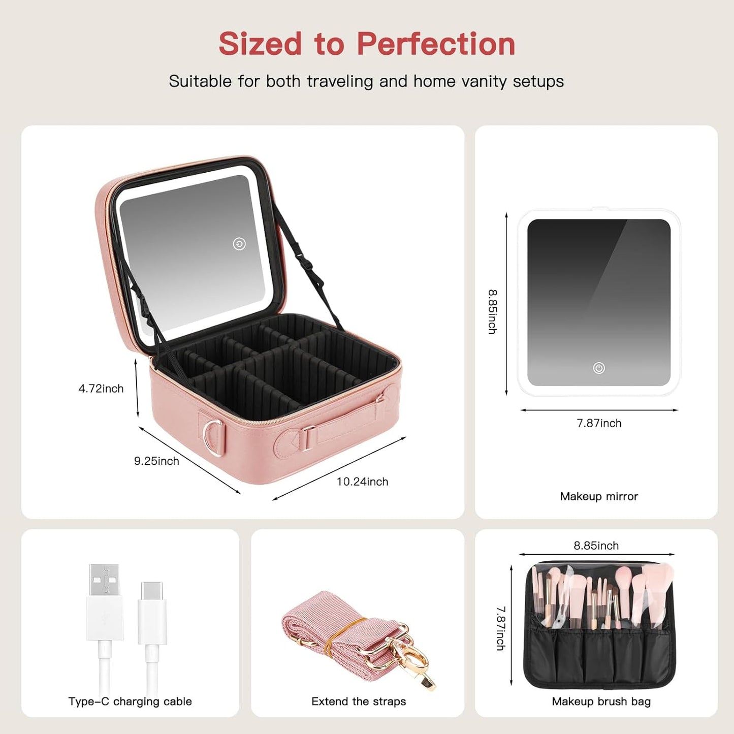 Travel Makeup Bag with LED Mirror, Cosmetic Bags for Women with Light up Mirror, Travel Essentials Makeup Organizer, Makeup Case with Adjustable Dividers and Brush Holder, 3 Color Lights