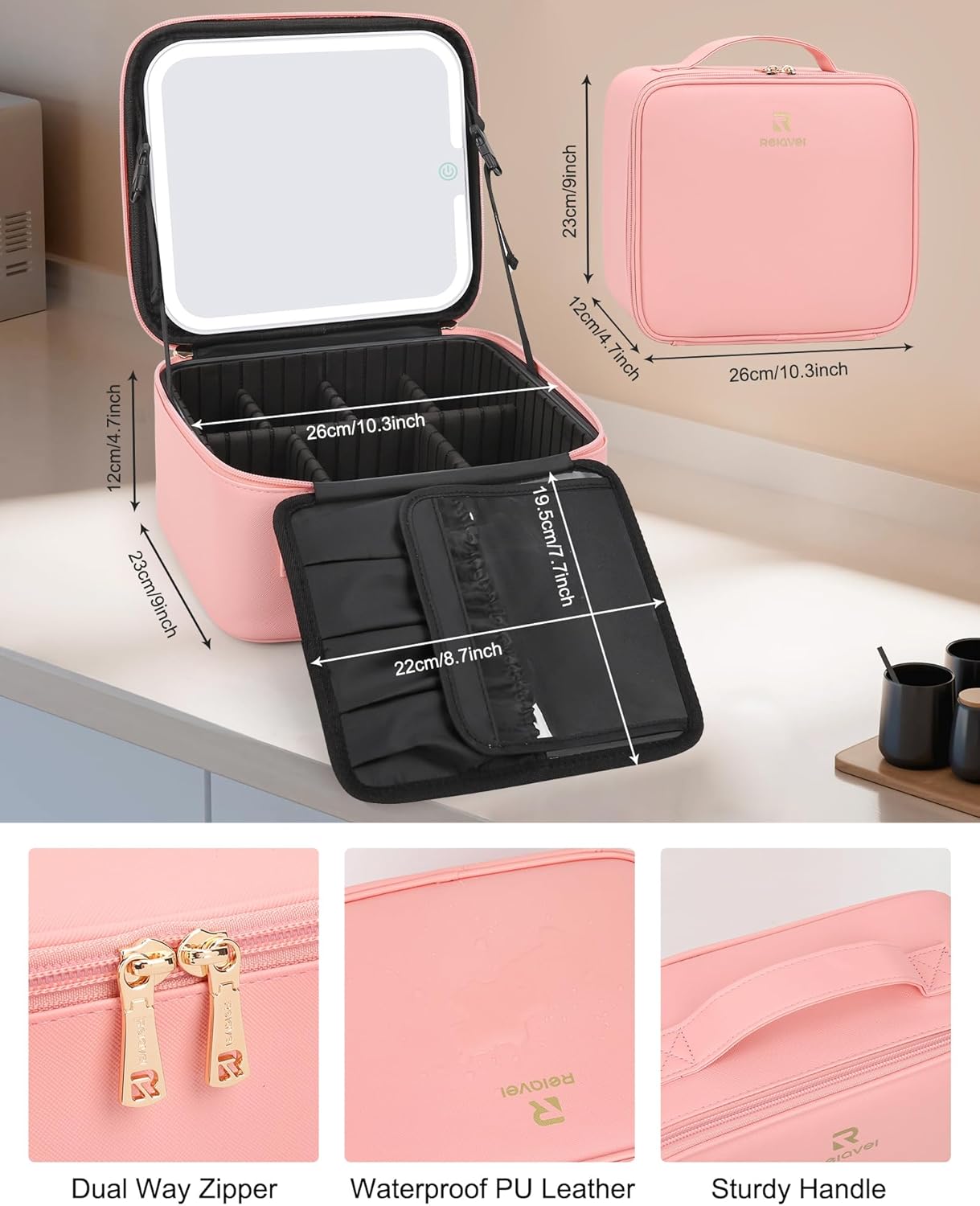 Relavel Makeup Bag with Light Up Mirror, Makeup Case Travel Cosmetic Bags Brush Organizer Storage Box, Rechargeable Vanity Mirror with 3 Color Lights, High Frame Mirror Protection (Pink)