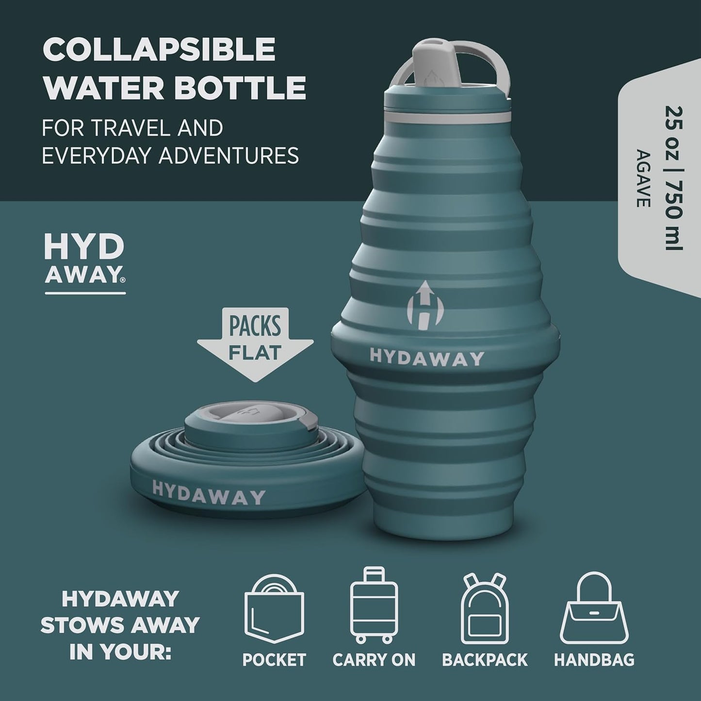 HYDAWAY 25oz Collapsible Water Bottle - BPA-Free, Leakproof, Lightweight, and Space-Saving - Perfect for Hiking, Travel, and All-Day Hydration