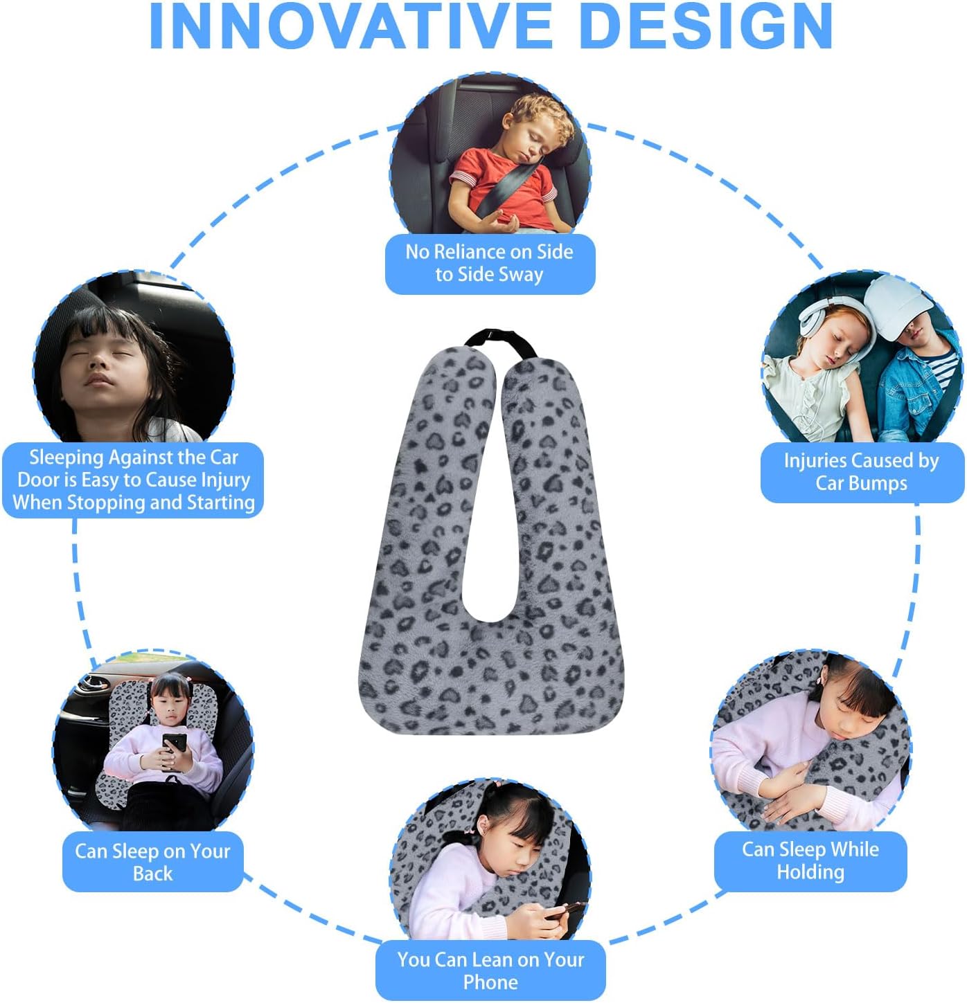 Travel Pillow, Travel Pillow for Kids, Sleeper Hold Pillow Travel, Removable U-Shaped Pillow for Adults and Children to Support Head and Body in The Back Seat of Long Car Trips (Gray Leopard Print)