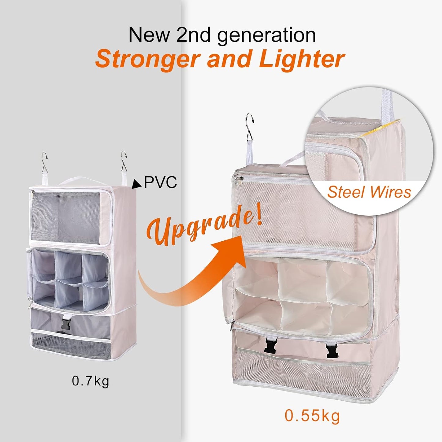 TABITORA Travel Portable Hanging Shelves Closet Organizer Packing Luggage Storage with Multifunctional and Foldable Invisible Compartment,Lightweight, for Suitcase, RV,Closet…Pink,XL