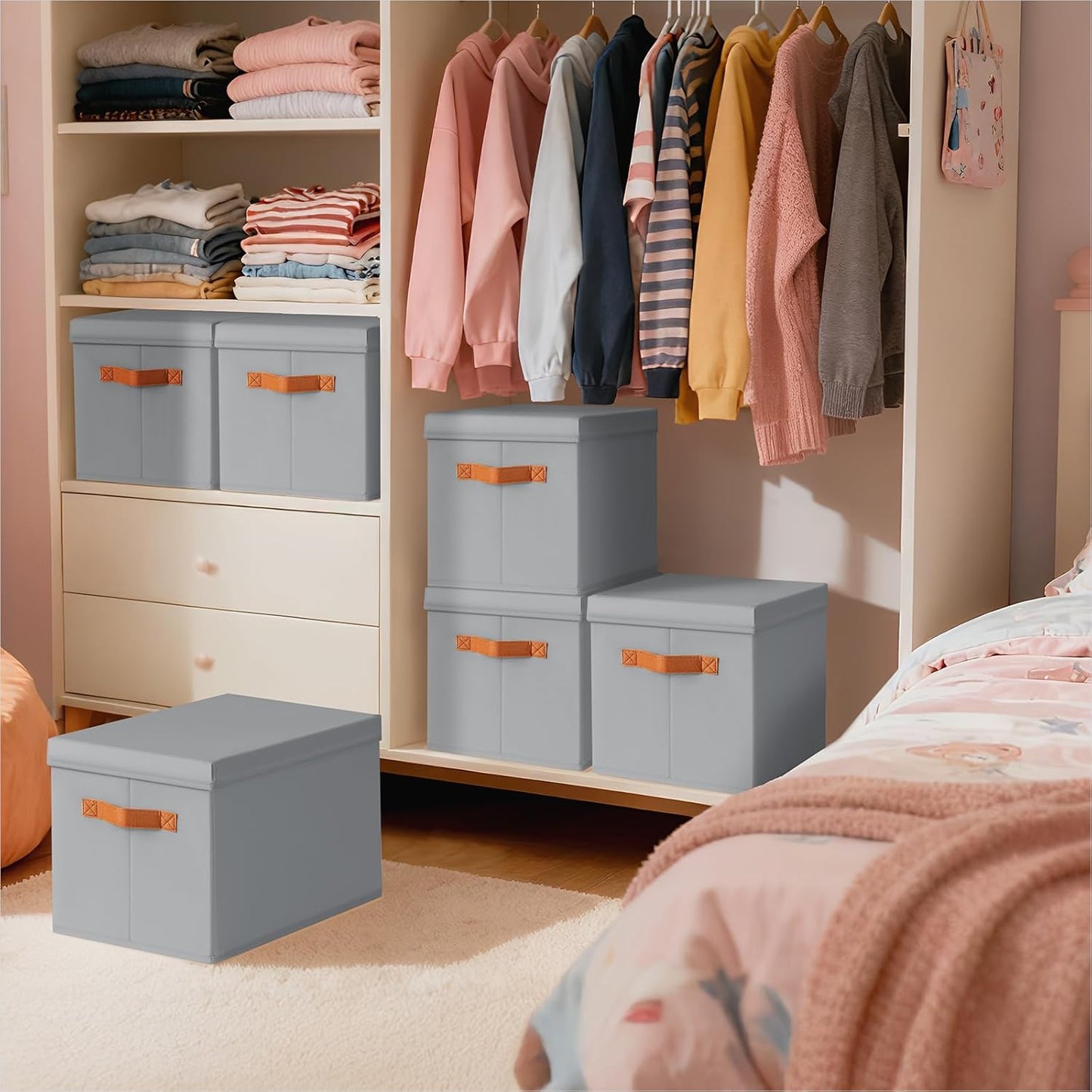 Storage Bins with Lids - Large Fabric Closet Bins with Lid, 6 Pack Clothes Organizers and Storage, Collapsible Stackable Cube Basket for Home, Office, Dorm, Grey