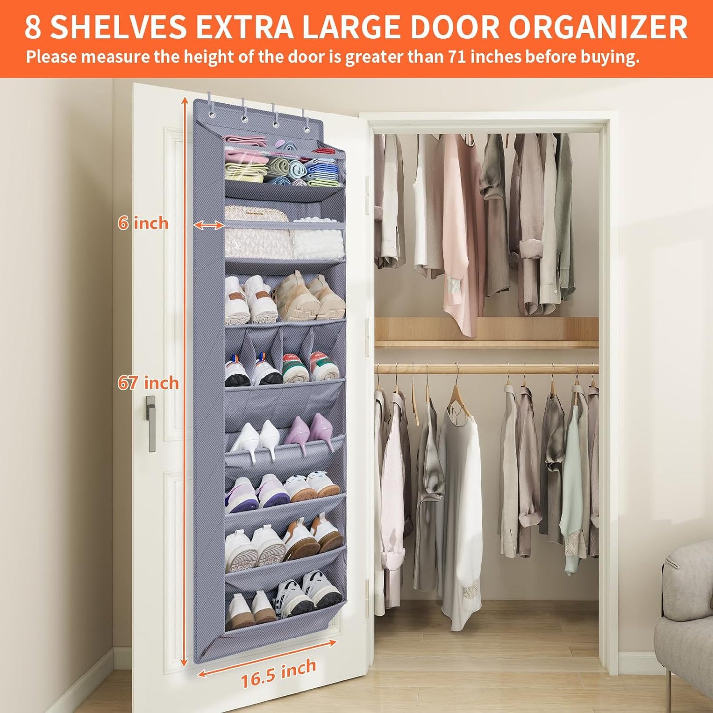 FENTEC 1 Pack Over The Door Shoe Organizer,68" Exlarge Deep Pockets Hanging Shoe Organizers, 8 Shelves Shoe Rack for Closet, Shoe Holder for Boots,Over Door Organizer in Home, RV, Dorm, Grey