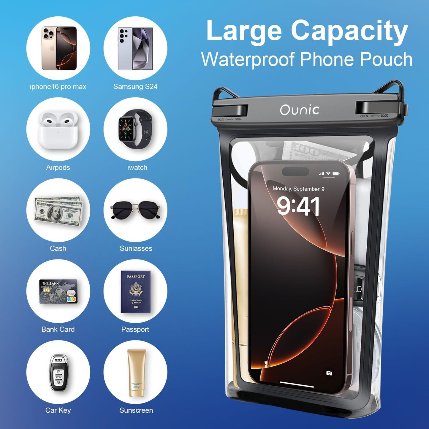 Large Waterproof Phone Pouch, Floating Waterproof Pouch for iPhone 16 15 14 13 12 Pro Max Galaxy S25 S24 S23, Adjustable Lanyard, IPX8 Waterproof Bag for Beach Cruise Swimming Rafting Boating