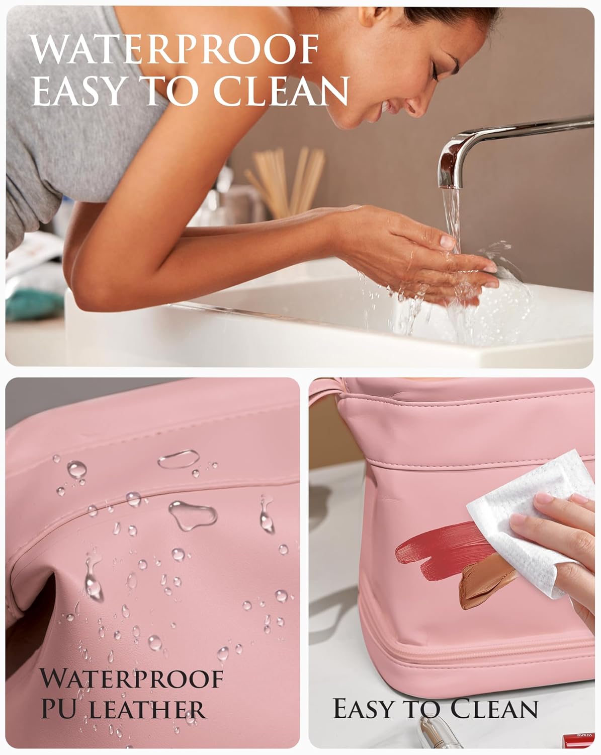 Initial Makeup Bag, Personalized Large Capacity Cosmetic Bag with Makeup Brush Organizer, Waterproof, PU Leather Pink Makeup Pouch Travel Skincare Bag, with 1 Drawstring Toiletry Organizers